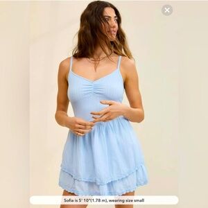 Aerie At The Barre Mini Dress Light Blue Sleeveless Tiered Crocheted Boho NEW XS